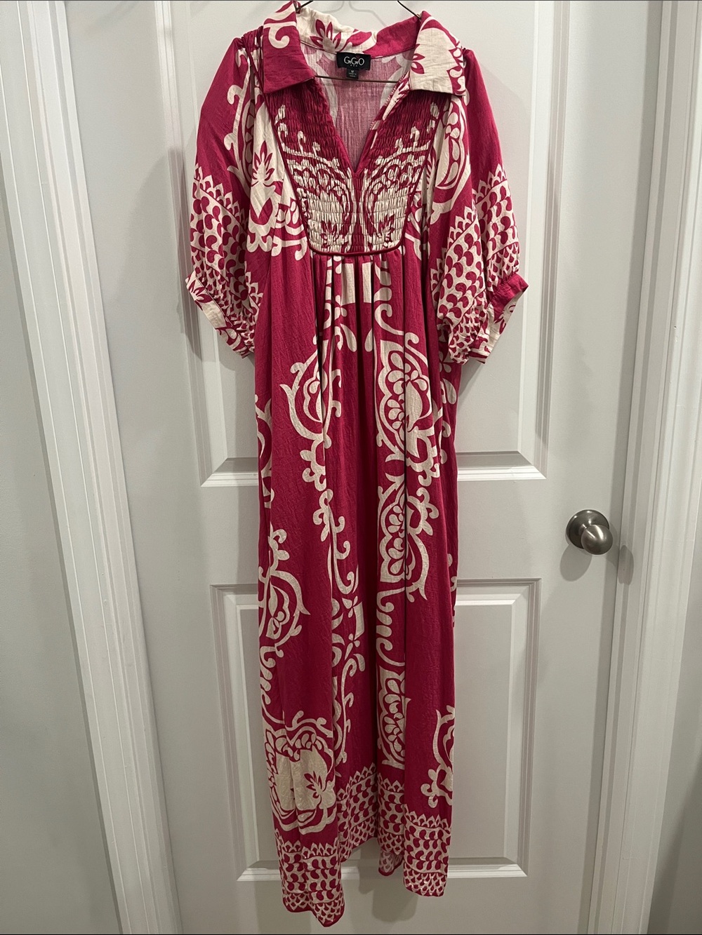 GiGiO Pink and Cream Smocked Boho Maxi Dress